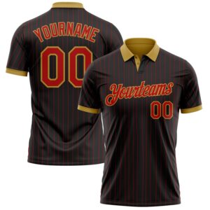 Custom Black Red Pinstripe-Old Gold Performance Polo Shirt