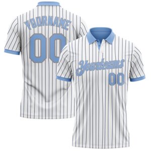 Custom White Navy Pinstripe Light Blue-Gray Performance Polo Shirt